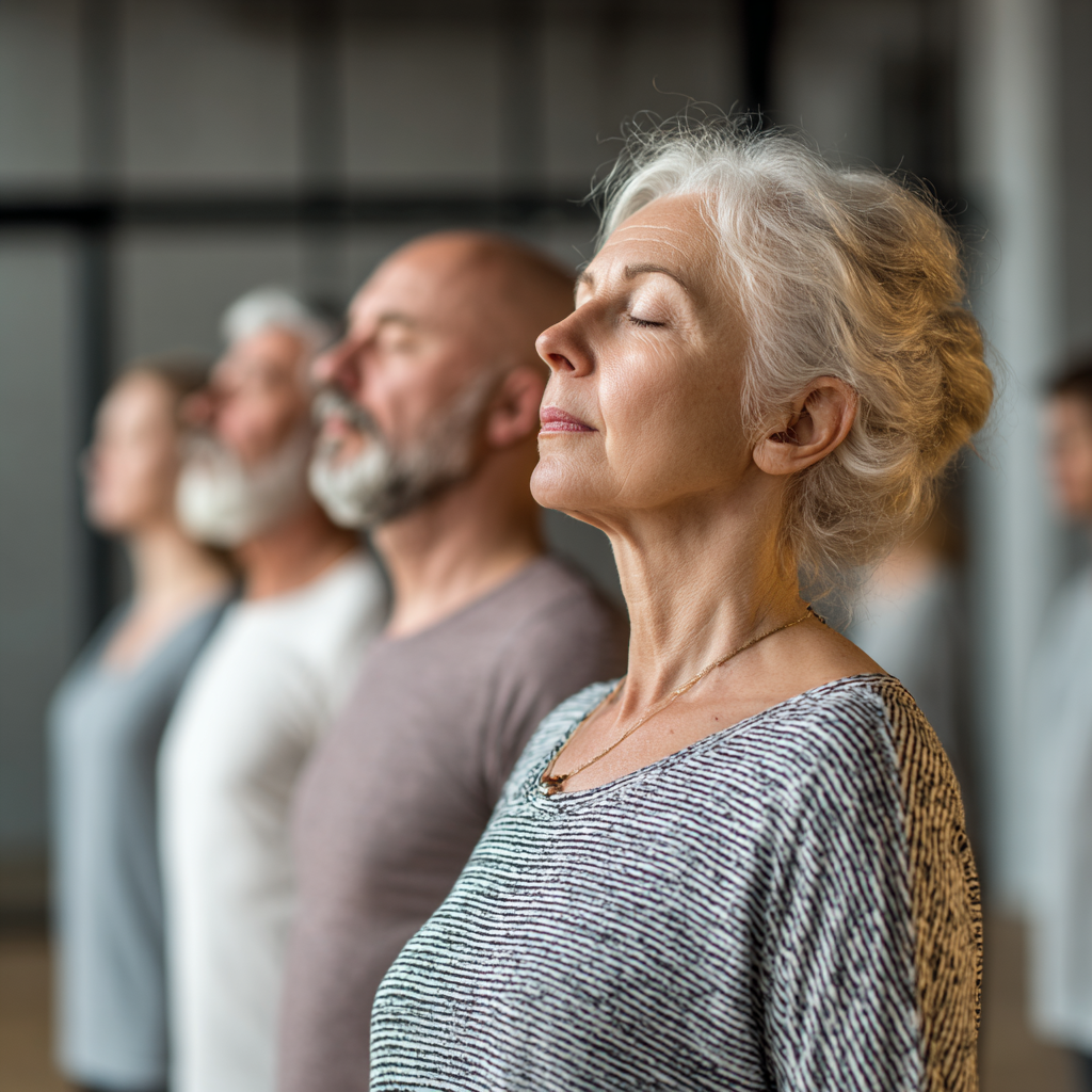 White ukraniane group of mature adults practicing mindful yoga breathing exercises
